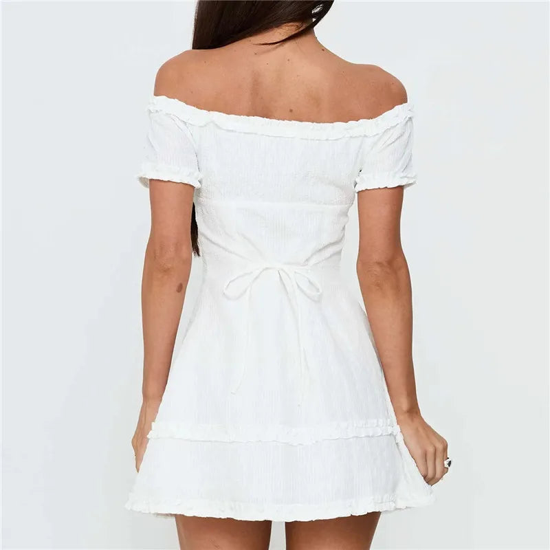 Y2K Aesthetic Off Shoulder Frill Mini Dress Women Textured Fabric Front Buttons Back Bow Slim Party Vacation Sundress
