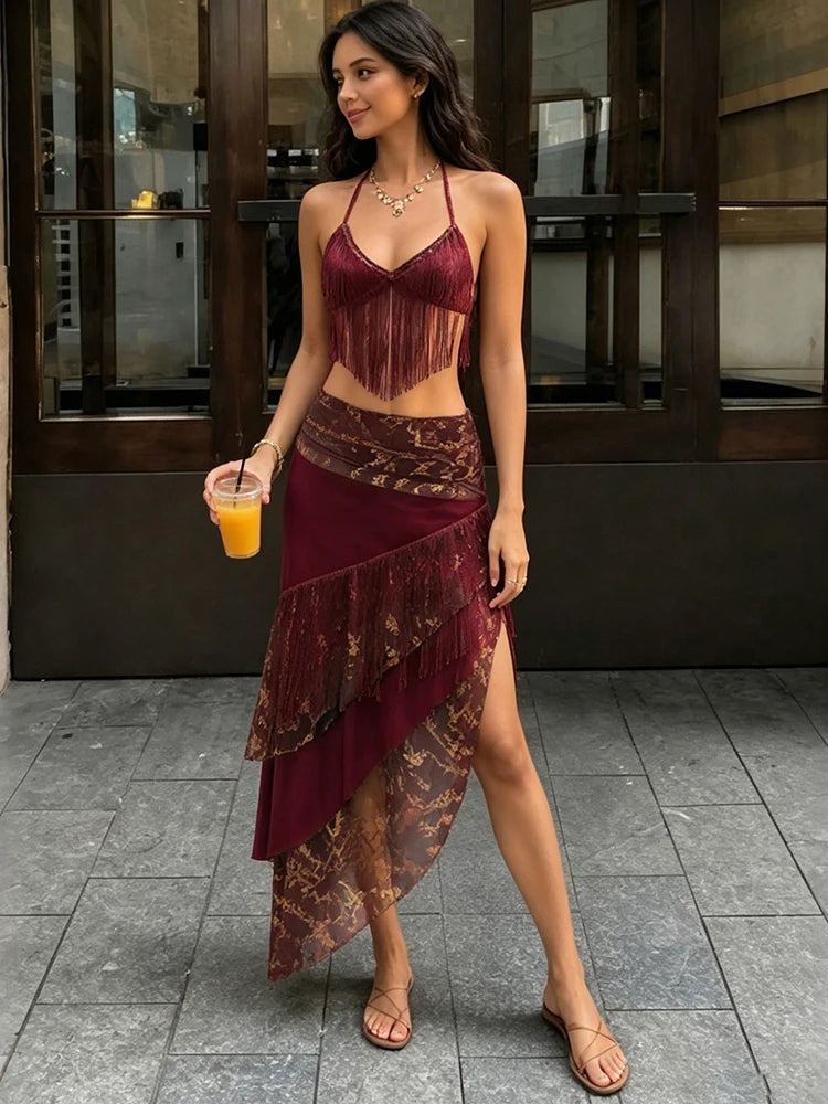 Leopard Patchwork Tassel 2 Piece Set Women Sexy Backless Halter Bandages Tank Top+Irregular Hem Skirt Hottie Clubwear