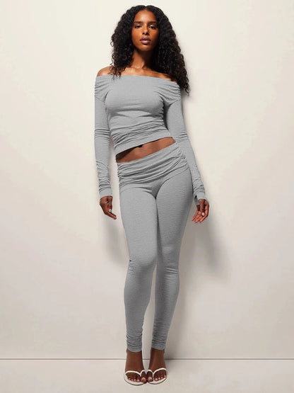 Sporty Tracksuits 2-Piece Set Women Slash Neck Crop Top+Ruched Pants Matching Simple Stretch Skinny Casual Outfits