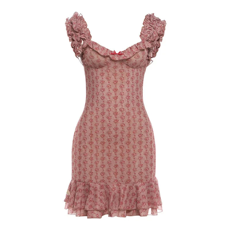 Sheer Floral Mesh Summer Dresses 2026 Woman French Vintage Fashion Sleeveless Ruffle Mini Dress C83
