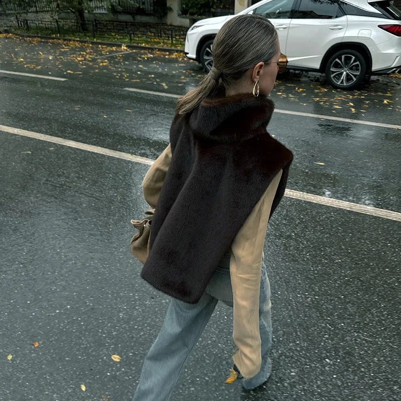 Turtleneck Furry Warm Vest Sleeveless Jacket Coat Faux Fur Top Women Trendy Winter Clothes