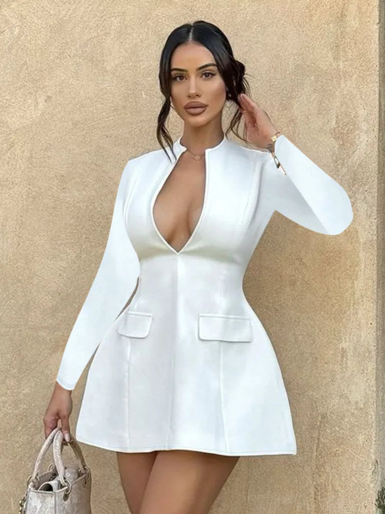Autumn Long Sleeve Sexy Mini Dress For Women Solid Zipper Deep V Neck Two Pocket High Waist A-line Dress Femme Clothes