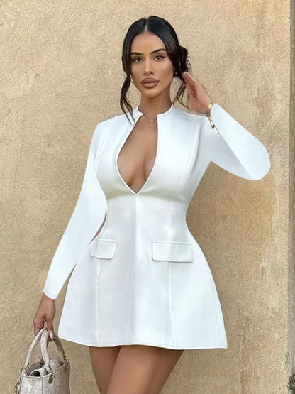 Autumn Long Sleeve Sexy Mini Dress For Women Solid Zipper Deep V Neck Two Pocket High Waist A-line Dress Femme Clothes