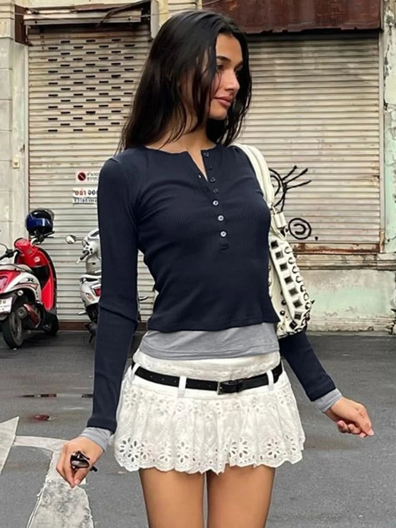 Fake Two-piece Long Sleeve Top Fall Woman Clothes Casual Ribbed Tee Shirts Ladies