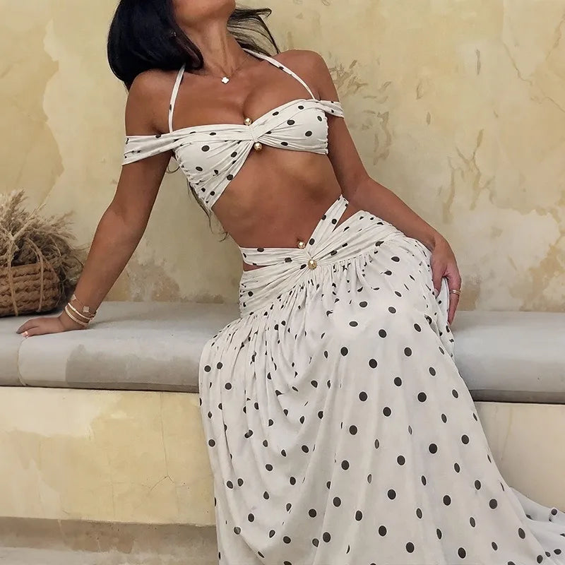 Sexy 2 Piece Tie-dye Halter Crop Top and Matching Maxi Skirt Set Holiday Outfits Woman Clothing