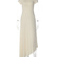 Asymmetrical Cutout sexy Midi Dress Women Short Sleeve Diagonal Neck Ruched Waist Irregular Hem Bodycon Long Dress