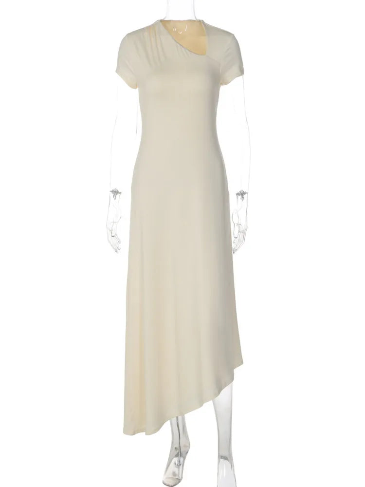 Asymmetrical Cutout sexy Midi Dress Women Short Sleeve Diagonal Neck Ruched Waist Irregular Hem Bodycon Long Dress
