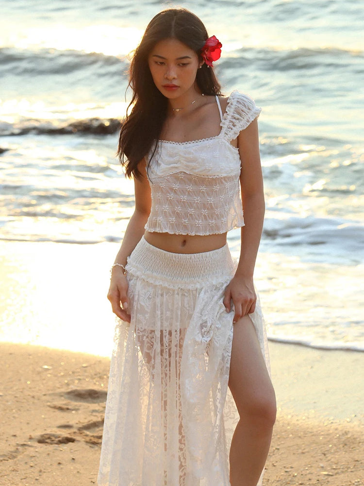 Jacquard Patchwork 2-Piece Set Women Lace Bandage Crop Tops+High Slits Skinny Skirt Beach Vacation Matching Clubwear