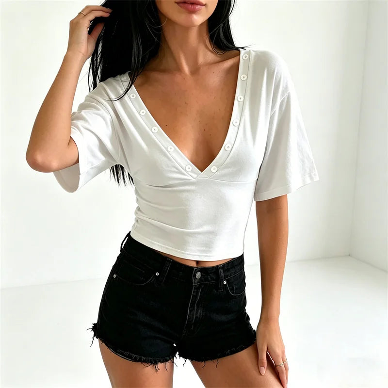 Double Front Back Deep V Button Detail Cropped Top Half Sleeve Ruched Waist Slim Fit Stretch Y2K Going Out Crop Blouse