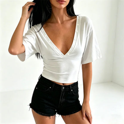 Double Front Back Deep V Button Detail Cropped Top Half Sleeve Ruched Waist Slim Fit Stretch Y2K Going Out Crop Blouse