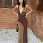 Simple Elegant Fashion Backless Dress Women Sexy Bright Silk Patchwork Halter Sleeveless Vacation Party Club Long Bodycon