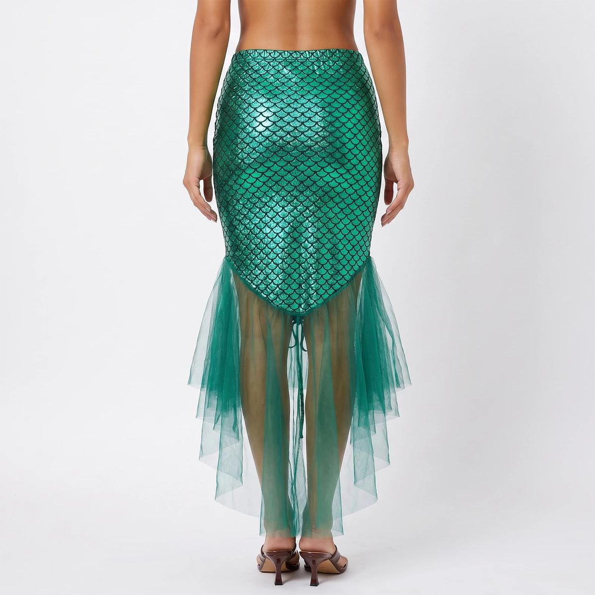 Women Shiny Mermaid Scale Skirt High Waist Bodycon Midi Skirt Asymmetric Tulle Ruffle Hem Mermaid Costume