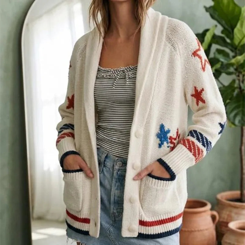 Women Shawl Collar Knit Cardigan Star Sailboat Jacquard Long Sleeve Button Pocket Retro Preppy Fall Sweater Outerwear