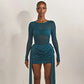 Mesh Splicing Long Sleeve Draped Mini Dress Green Black Club Dresses Sexy Fall Clothes Woman 2025