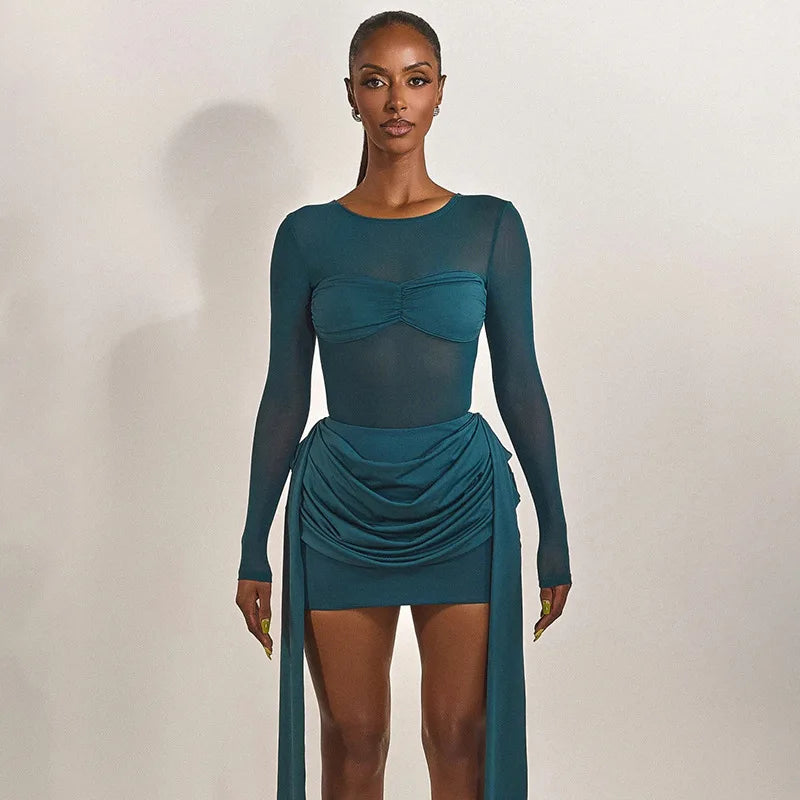 Mesh Splicing Long Sleeve Draped Mini Dress Green Black Club Dresses Sexy Fall Clothes Woman 2025