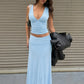 Women 2 Piece Outfits Sleeveless Deep V Ruched Crop Top High Waist Maxi Skirt Matching Set Vacation Club Party Dresses