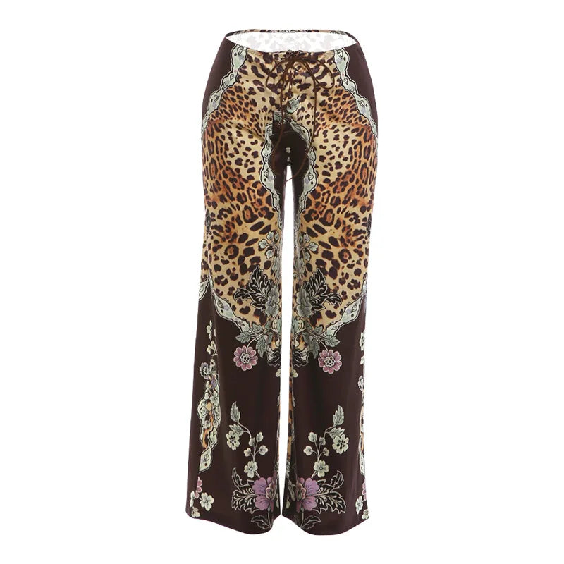 Leopard Floral Print Lace Up Wide Leg Pants Fashion Clothing Trousers for Woman 2026 C78-DZ32