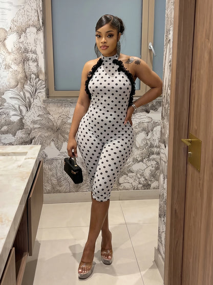 Mesh Patchwork Rompers Woman Polka Dot Print Halter Backless Sleeveless Skinny Peach Hip Midnight Club Party Playsuit
