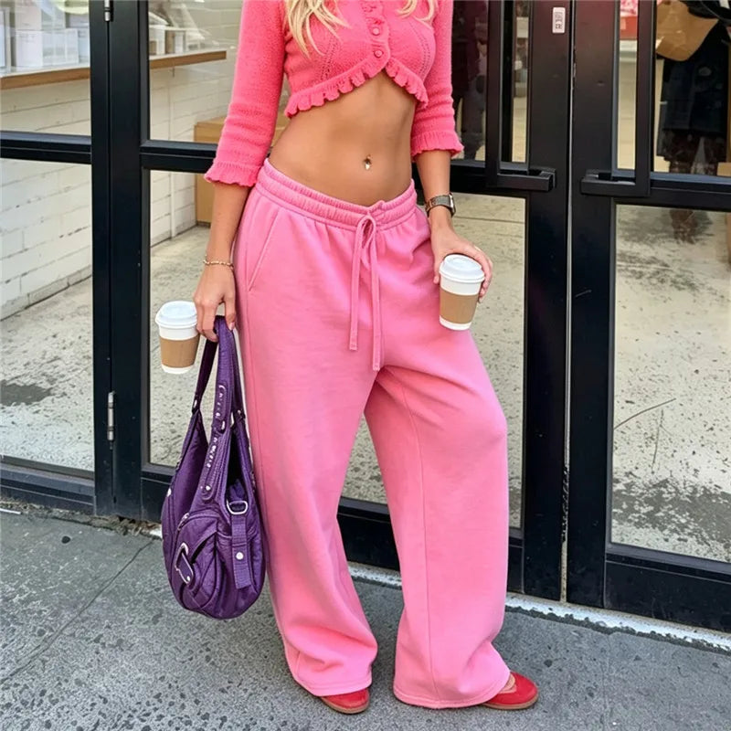 Y2K Baggy High Waist Wide Leg Sweatpants Drawstring Elastic Waist Joggers Camo Solid Color Casual Street Lounge Pants
