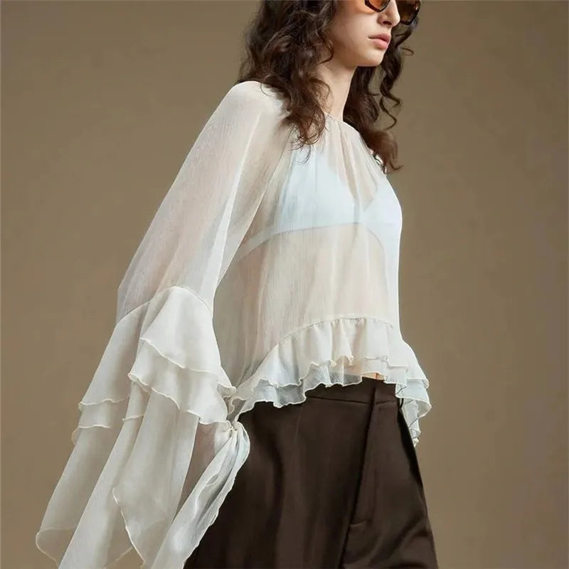 High Street Solid Color Ruffled Long Sleeve Loose Elegant Ladies Tops Shirt Women Sheer Chiffon Blouse Y2K Streetwear