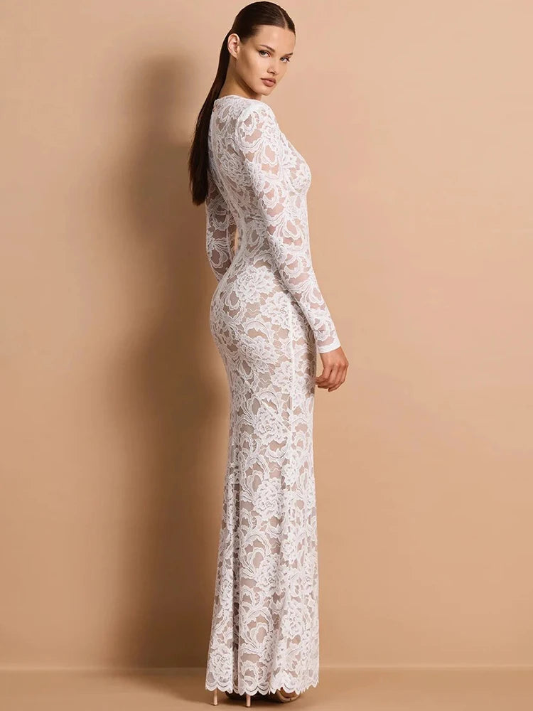 Lace Sheer Deep V Neck Sexy Maxi Mermaid Dress Women Elegant Long Sleeve Thigh High Split Bodycon Club Part Long Dress