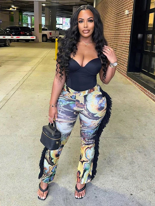 Side Tassel Flare Pants Women Patchwork Autumn Trend Colorful Print Sexy Wild Slim Street Skinny Clubwear Trousers
