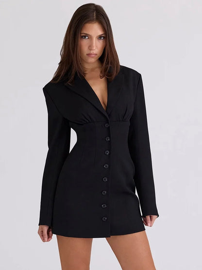 Black Single-breasted Blazer Dress Elegant Deep V Neck Long Sleeve Mini Dresses for Woman Clothes