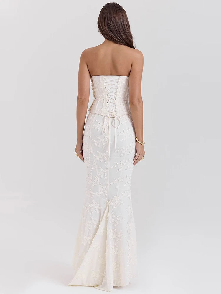 Strapless Sexy Two Piece Set Women White Off-shoulder Lace-up Crop Tops And Maxi Skirt Matching Sets Female Dress Set