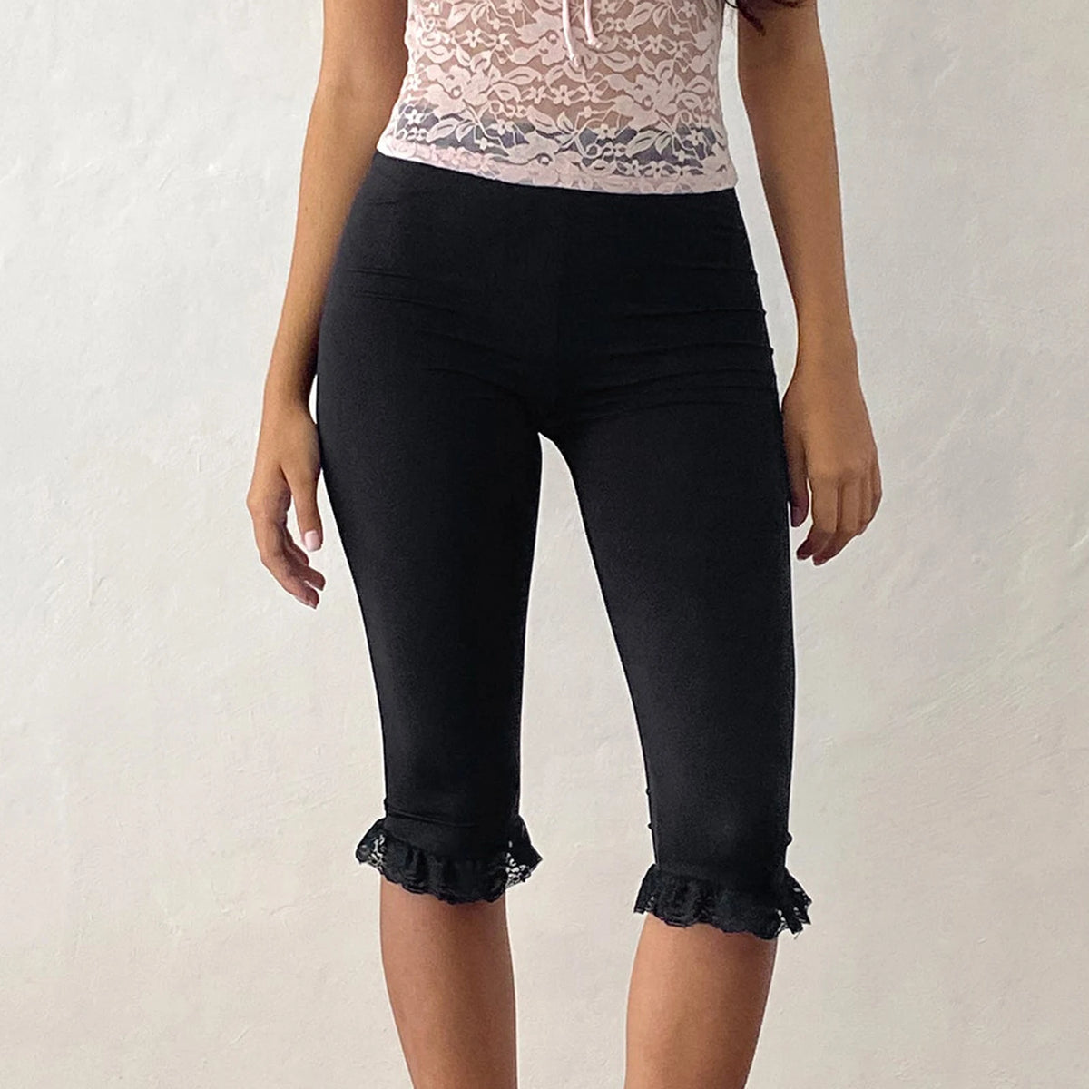 Women Capri Pants Low Rise Elastic Waist Sexy Solid Y2k Cropped Leggings Knee Length 00s Summer Crop Tights Bottoms