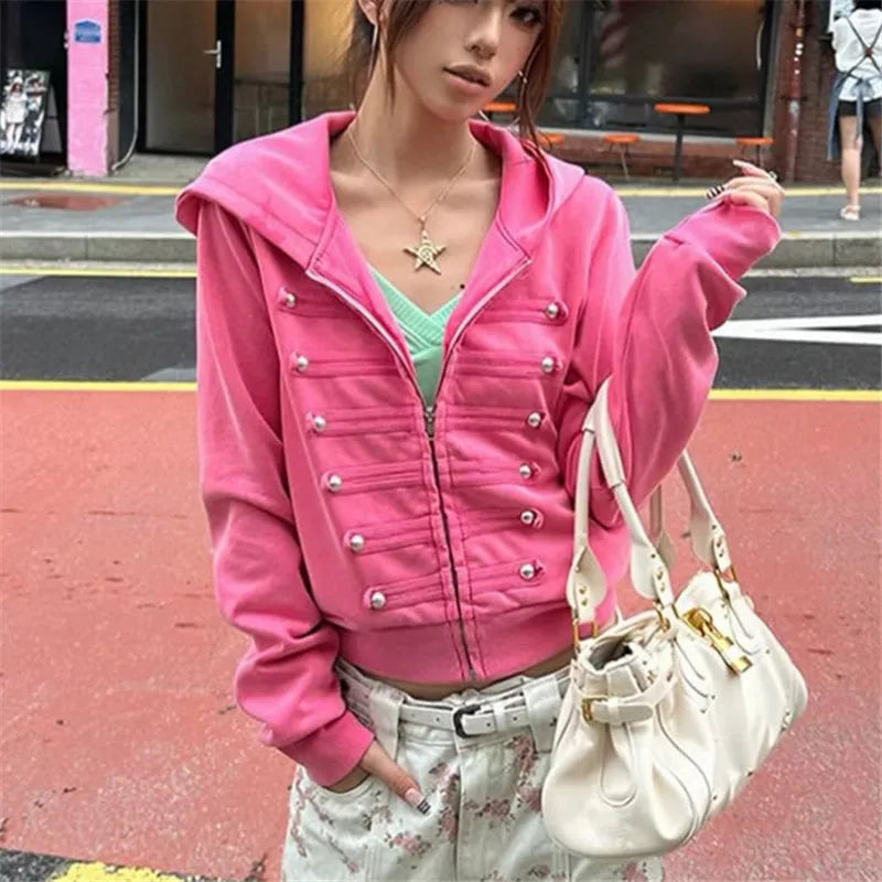 Womens Trendy Cropped Zip Hoodie Military Double Metal Buttons Design Hooded Long Sleeve Slim Short Jacket Street Top