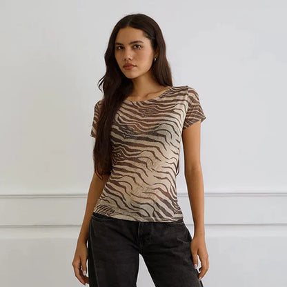 Animal Print Mesh Sheer Tops Summer 2026 Fashion Short Sleeve T Shirts for Woman Clothing