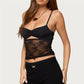 Women Lace Cami Top Spaghetti Strap Cutout Bustier Sheer Floral Mesh Cropped Tank Top For Summer Casual Streetwear
