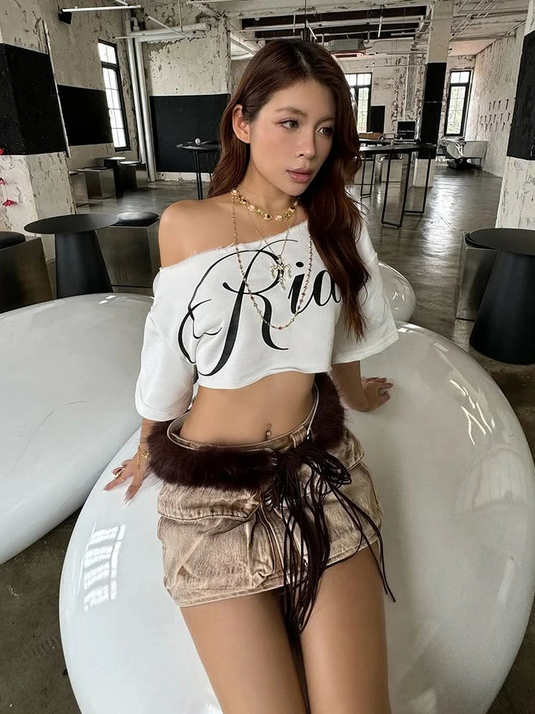 Letter Print Crop Tops Women Summer Trend Wild Biased Collar Street Skinny Simple Classic Streetwear Daily Soft Tees