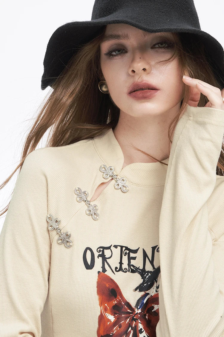 2025 Winter New Arrivals Y2K Chinese Style Irregular Button Collar Bow Graphic Long Sleeve Tshirt For Women