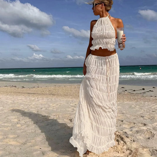 2 Piece Skirt Set for Women Lace Up Back Tank Tops Tie Up High Waist Long Skirts Outfits Fairy Vacation Cottagecore Dress