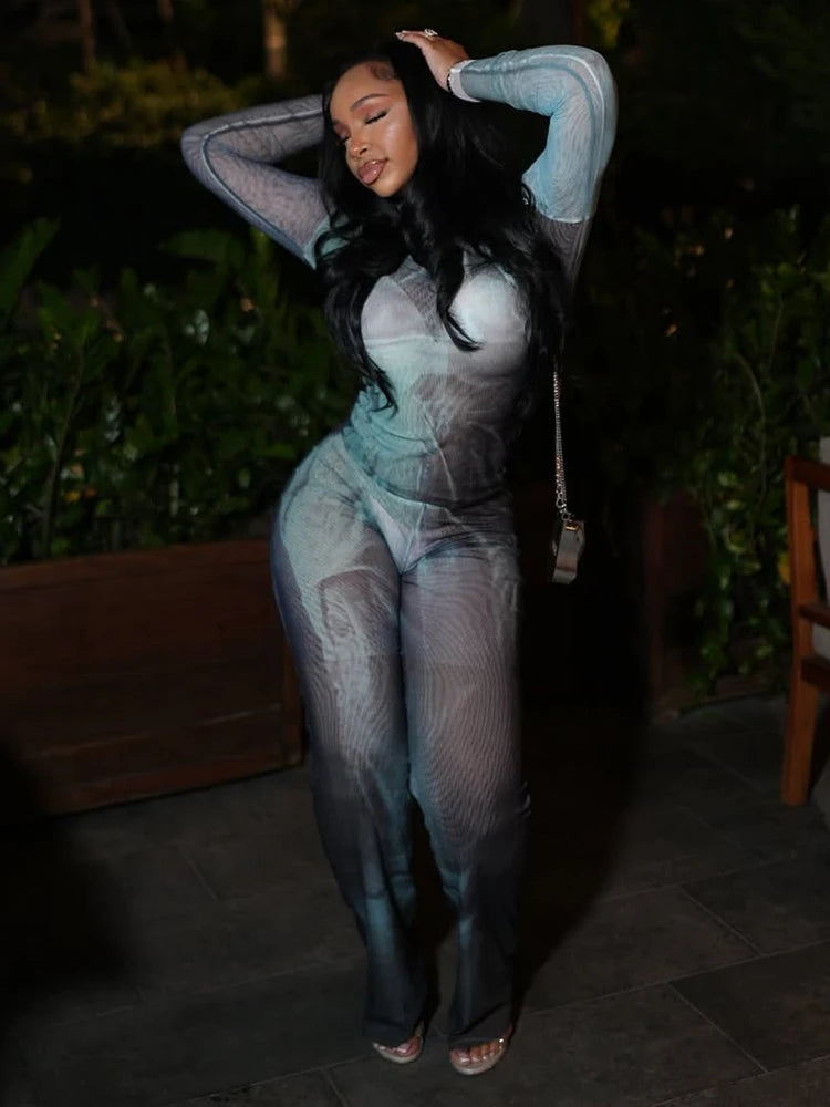 Gradient Print Sexy Women 2 Piece Set See Through Full Sleeve Stretch Crop Tops+Straight Pants Matching Clubwear Outfits