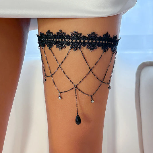 Boho Elastic Band Black Lace Leg Thigh Chain for Women Bikini Summer Festival Party Body Jewelry Wed Accessories Gift