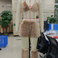 Women Y2K Furry Deer Spot 2 Piece Outfit Plush Halter Triangle Top And Elastic Shorts Set Cute Club Party Loungewear