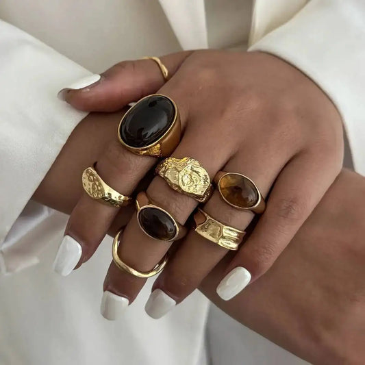 8 Pcs/set Punk Irregular Resin Rings Women Vintage Charm Gold Color Metal Finger Ring Party Aesthetics Jewelry Gifts