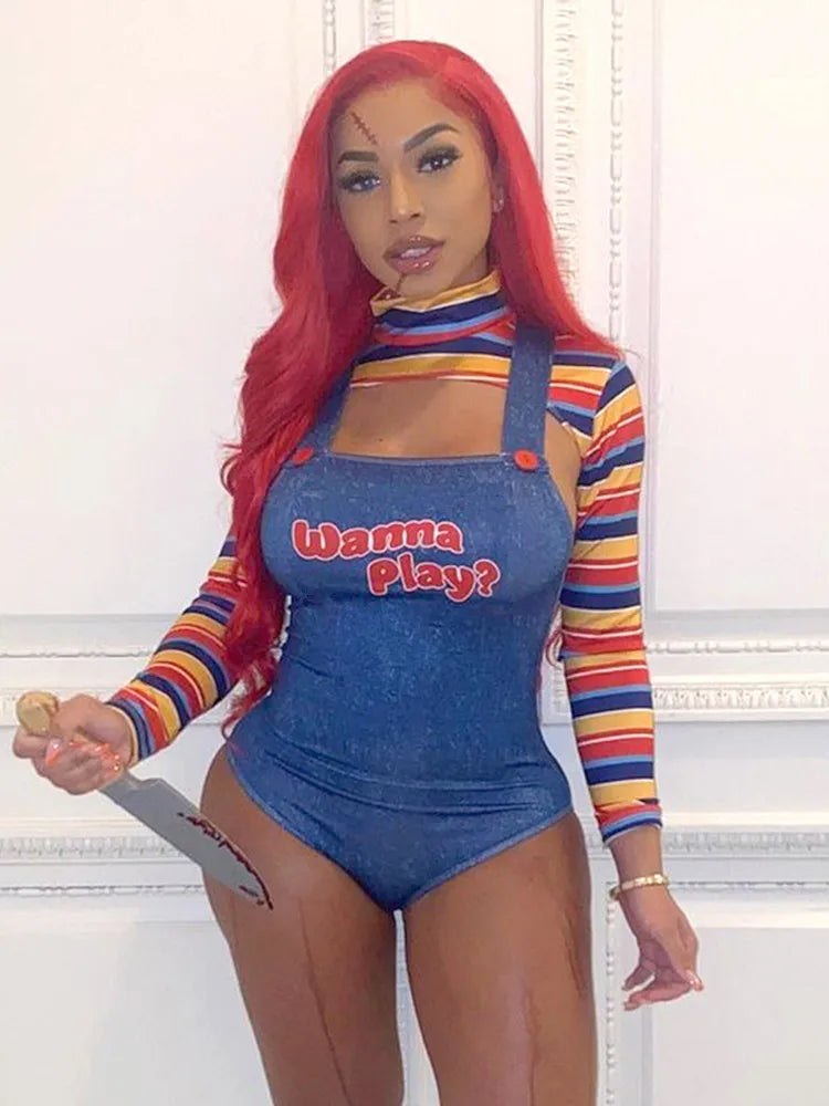 Halloween Costumes for Women Scary Nightmare Killer Doll Wanna Play Movie Character Bodysuit Chucky Doll Costume Set