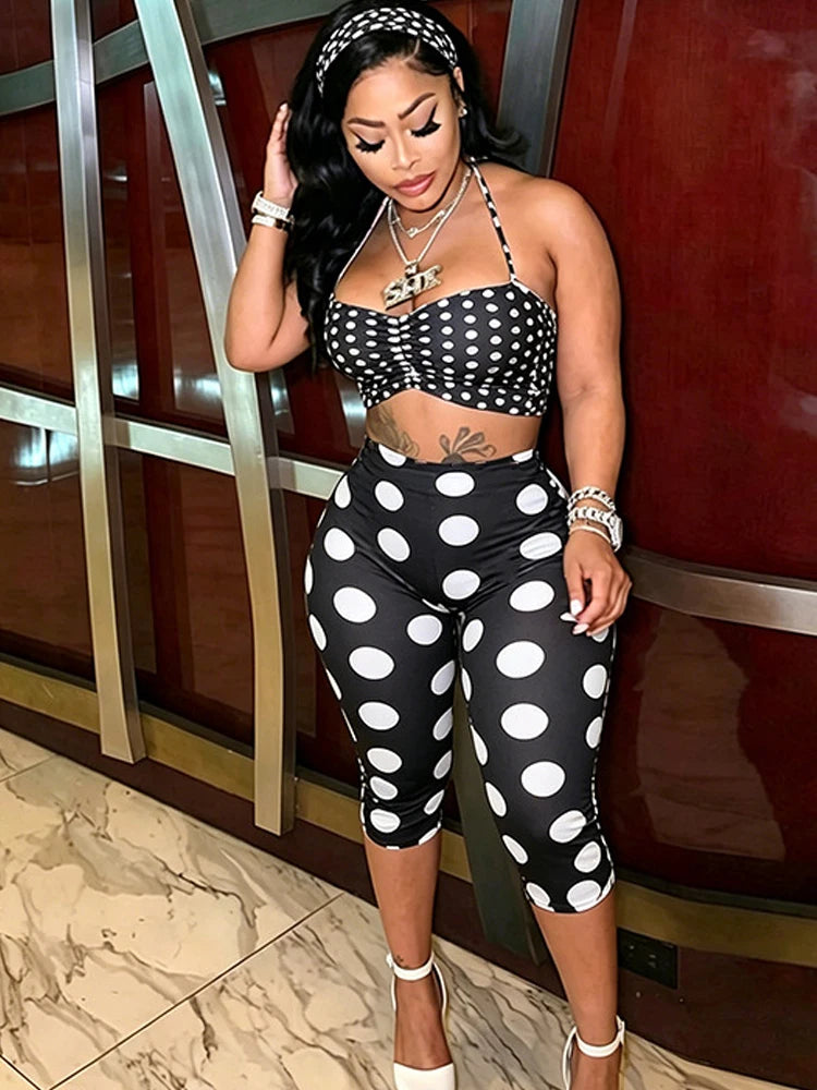 Chic Hottie Polka Dot Print 3-Piece Set Women Elasticity Headband+Halter Folds Vest+Simple Short Fashion Sexy Streetwear