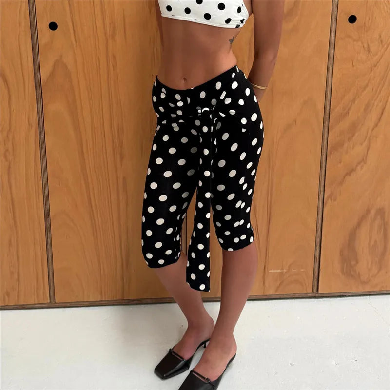 Women Knee Length Capris Low Waist Tie-up Dots Print Slim Short Pants Summer Casual Trouser Y2K Vacation Streetwear