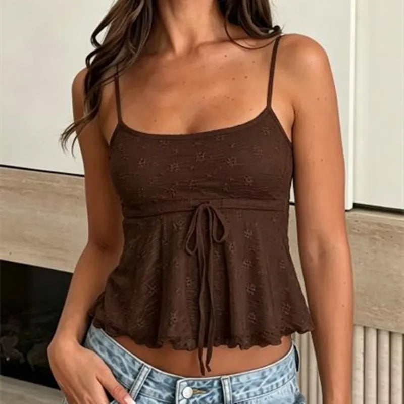 Women Adjustable Spaghetti Strap Cami Top Floral Jacquard Front Tie Lace Ruffle Hem Cropped Summer Casual Tank Top