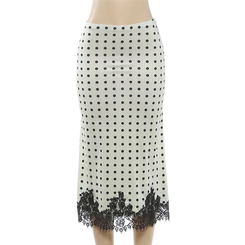 White Polka Dot Midi Skirt with Black Lace Trim Hem Elegant Woman Clothing Fishtail Skirts