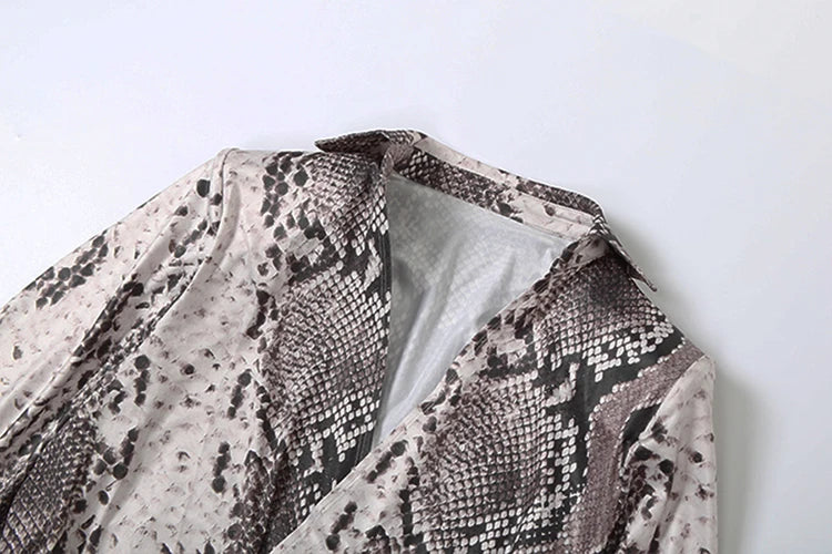 Deep V-Neck Dress Women Hipster Snake Pattern Split Sexy Lapel Elegant Street Midnight Clubwear Stretch Slim Long Bodycon