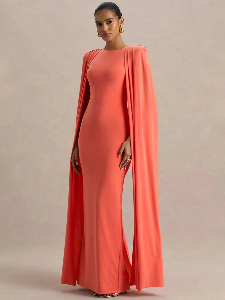 Cape Sleeve Sexy Maxi Dress Women Gown Elegant Fashion Zipper O Neck High Waist Split Club Party Long Dresses Female