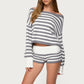 Women Knitted 2 Piece Set Autumn Winter Long Sleeve Off-shoulder Sweater Pullovers+Elastic Waist Shorts Vintage Striped