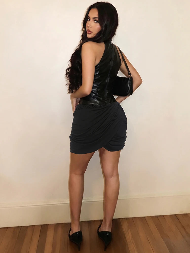 Off Shoulder Faux Leather Patchwork Mini Dress Woman Zip Turtleneck Skinny Folds Wrap Hip Street Wild Style Mini Bodycon