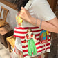Striped Figure Applique Canvas Tote Bag, 2 Colors Cute Cartoon Character Patch Large Capacity Shoulder Shopping Bag