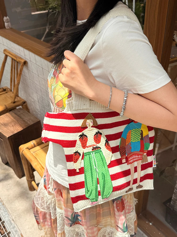 Striped Figure Applique Canvas Tote Bag, 2 Colors Cute Cartoon Character Patch Large Capacity Shoulder Shopping Bag